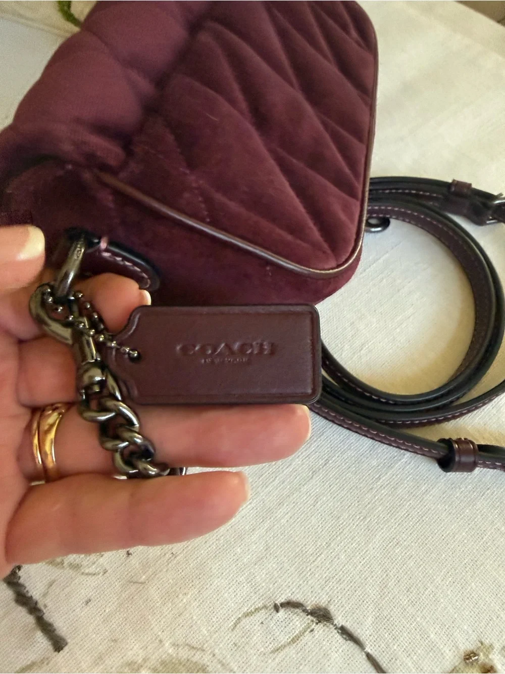 COACH Quilted Velvet Crossbody in Burgundy